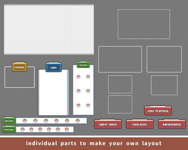 May include: A digital layout design with various elements for streaming, including sections for camera, chat, and gameplay. The design features rectangular and square boxes, along with buttons labeled "Shiny Hunt," "Nuzlocke," and "Randomizer."