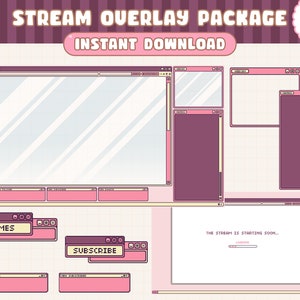 以下が含まれることがあります： Twitch または YouTube ストリーマー向けのピンクと白のデジタルオーバーレイパッケージ。パッケージには、ウェブカメラフレーム、チャットボックス、ゲームディスプレイ、購読ボタンなど、さまざまな要素が含まれています。画像の上部には、「STREAM OVERLAY PACKAGE」と「INSTANT DOWNLOAD」のテキストが表示されています。画像の下部には、ウィンドウに「THE STREAM IS STARTING SOON...」のテキストが表示されています。