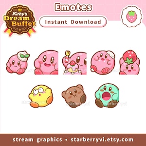 Puede incluir: Gráfico de descarga digital con varios emoticonos de personajes de dibujos animados. Los emoticonos incluyen personajes rosas, amarillos, marrones y turquesas con diferentes expresiones y accesorios. También está presente el texto "Emotes" y "Descarga instantánea".