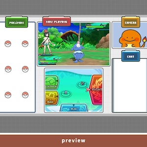May include: A digital interface for a Pok&eacute;mon game, featuring a battle scene with a blue Pok&eacute;mon and a trainer. The interface includes buttons labeled "Pok&eacute;mon," "Now Playing," "Camera," and "Chat," along with a preview label at the bottom.