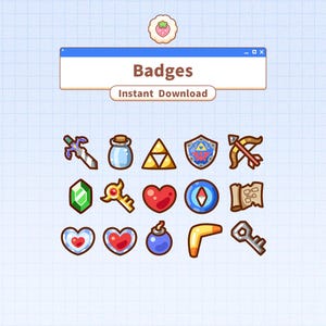 May include: A set of digital badges with a gaming theme. The badges include a sword, potion bottle, Triforce, shield, bow and arrow, gem, key, heart, compass, map, and boomerang. The word "Badges" is displayed above the badges. Instant Download.