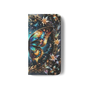 Fundas abatibles con diseño de mariposas azules, funda plegable para teléfono con diseño floral, funda tipo folio con diseño natural, billetera para teléfono con diseño floral, funda para teléfono celular con diseño de mariposas