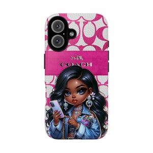 African American Doll Pink Designer iPhone Samsung Google Tough Phone Case, Black Girl Magic Kawaii Schutzhülle, Afrocentric Tech