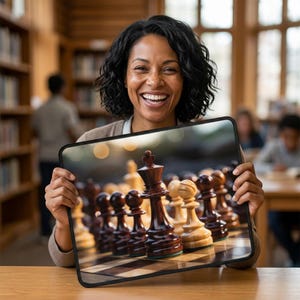 May include: A rectangular mouse pad featuring a high-resolution photographic print of a wooden chess set. The image displays dark brown and light cream-colored chess pieces, including a prominent king, arranged on a checkered board surface.