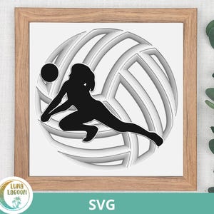 May include: Black and white silhouette of a person playing volleyball. The person is diving to hit the ball, which is in the air. The volleyball is a layered design with a 3D effect.