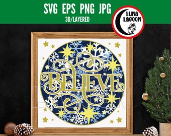 Believe 3D Shadow Box SVG | 3D Christmas svg | 3D Holiday svg | Cricut | Cameo | Cardstock | Paper Craft | Shadow Box | Cut File
