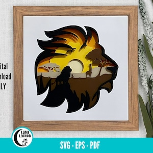 LEÃO 3D SVG | Artesanato de papel em camadas de animais | Caixa de sombra | Silhueta de leão SVG | Arquivo de corte Cricut em camadas 3D | Camafeu | Selva | Safári