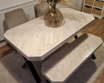 Herringbone Design Reclaimed Wood Dining Table Cut Corners. Made to Order. Matching Bench Sold Separately