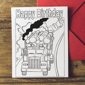 Log Truck Coloring Birthday Card, DIY Card, Logging Equipment, Birthday Card for Future Loggers, Printable Download, Logger Birthday