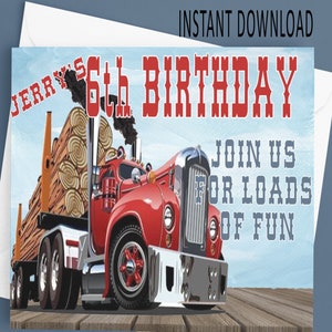 Printable 4"x6" Folded Red Log Truck Invitation, Logging Birthday Invitation Download, Invite Printable Download, White Envelope Template