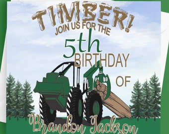 Printable Logging Birthday Invitation Instant Download, Green Skidder Invite Download, 4x6" Folded Card File