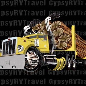 Hand-drawn Yellow Log Truck PNG File, 12&quot; x 12&quot; Sublimation File, Logging File, Transparent Background, DTG, Heat Press File