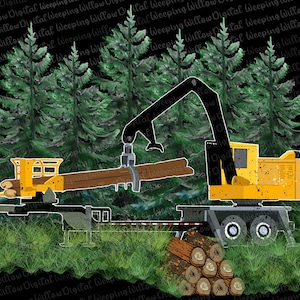 Könnte beinhalten: Ein gelber und schwarzer Holzfäller-LKW mit einem Kranarm, der einen Baumstamm in einer Waldlandschaft hebt. Der LKW befindet sich auf einem Feldweg und im Hintergrund sind Bäume zu sehen. Der LKW hat eine gelbe Kabine und ein schwarzes Fahrgestell. Der Kranarm ist schwarz und hat einen gelben Greifer. Der Baumstamm ist braun und hat eine raue Textur.