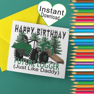 Carte d'anniversaire de débardeur vert, 7 x 5" vierge à l'intérieur de la carte d'anniversaire, équipement de journalisation, future carte de bûcheron, 1ère carte d'anniversaire, modèle d'enveloppe