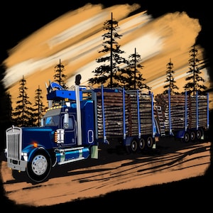 Hand-drawn Blue Multi-Trailer Log Truck PNG File, 12&quot; x 12&quot; Sublimation File, B-Train Logging, Transparent Background, DTG, Heat Press File