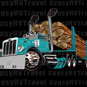 Hand-drawn Teal Log Truck PNG File, 12&quot; x 12&quot; Sublimation File, Logging File, Transparent Background, DTG, Heat Press File