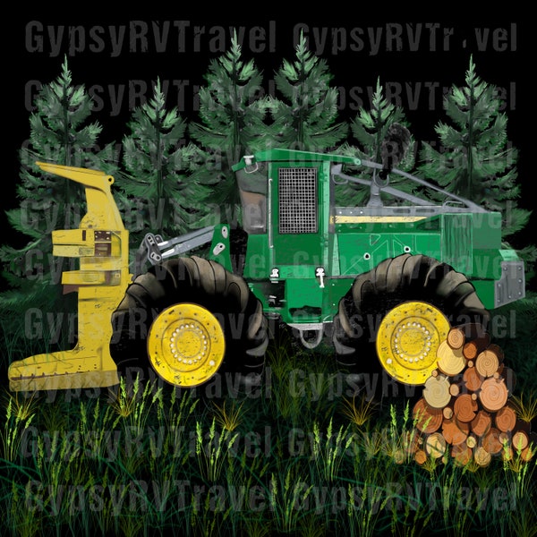 Hand-drawn John Deer Green Feller Buncher Sublimation Print - 13 x 13- inch PNG - Logging Shear - DTG, Heat-to-Press, Personal Use Only!