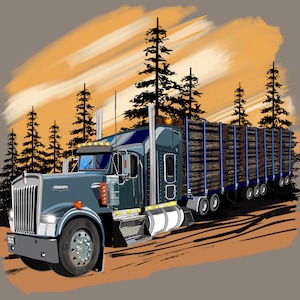 Hand-Drawn Steel Blue Multi-trailer Log Truck Printable (12x12 inches), Logging File, Transparent Background, DTG, Heat Press File