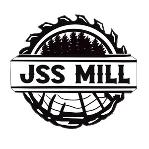 Puede incluir: Logotipo en blanco y negro para una empresa llamada "JSS Mill". El logotipo presenta una hoja de sierra estilizada con una escena de bosque en su interior y una textura de grano de madera debajo.