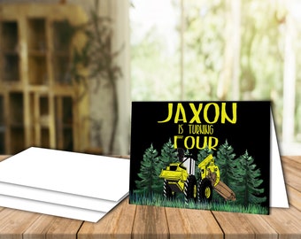 Logging Invitation, 4"x6" Folded Logging Birthday Invitation Printable Download, Yellow Skidder Invite Printable Download, Envelope Template