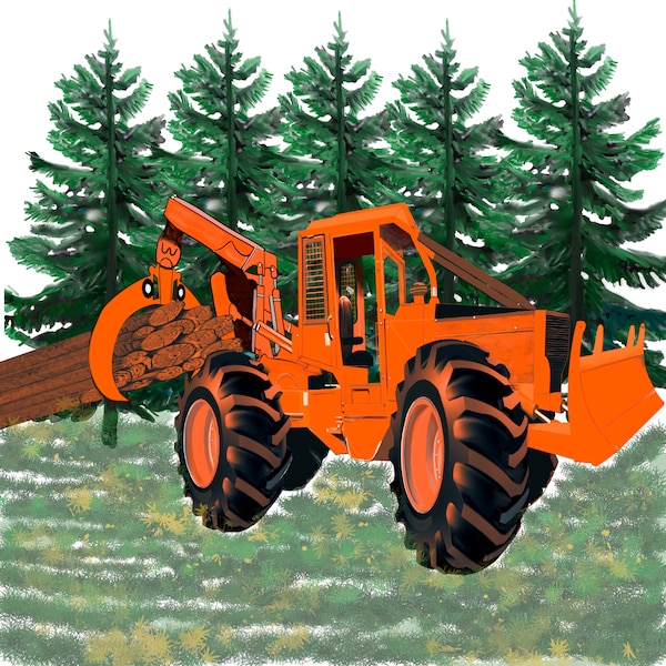 Orange Timberjack Skidder PNG File, Sublimation File, Heat-To-Print, DGT, Hand-drawn Logging Equipment, 13 » x 13 »