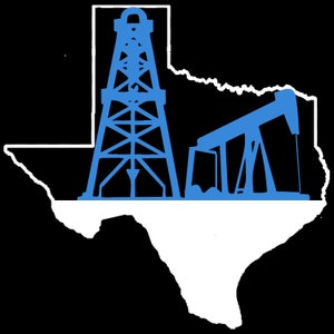 May include: A blue silhouette of an oil derrick and a pump jack are superimposed over a white outline of the state of Texas.