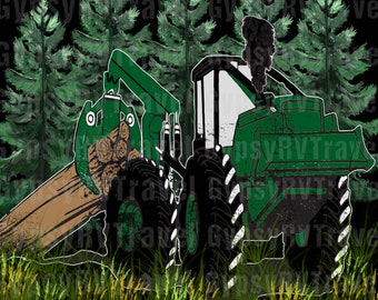 Hand-drawn Green Skidder PNG File, 13" x 13" Sublimation File, Logging File, Transparent Background, DTG, Heat Press File