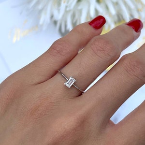 Emerald Cut Diamond Ring-Rectangle Promise Diamond Ring-Silver Solitaire Ring-Stacking Layering Ring-Diamond Prong Setting Dainty S925 Ring