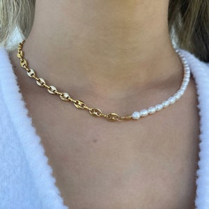 18k Gold Freshwater Pearl Chunky Chain Stainless Steel Waterproof Necklace Choker Pearl Jewelry Vintage Dainty Bridesmaid Gift