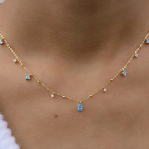 Dainty Aquamarine Light Blue Necklace March Birthstone Necklace Trendy Aquamarine Tear Drop Pendant Minimalist Blue Layering Gold Necklace