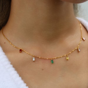 Gold Filled Colorful Zircon Necklace Multicolor Baguette Necklace Waterproof Jewelry Birthstone Gold Necklace Dainty Minimalist Necklace