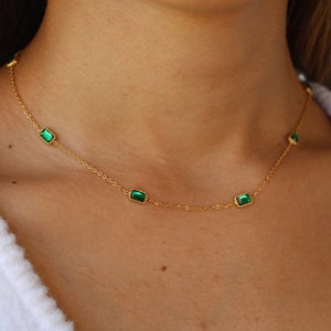 Dainty Necklace Green Stone Emerald Necklace and Bracelet Set Minimalist Gold Filled Necklace Simple Green Stone Pendant May Birthstone Set