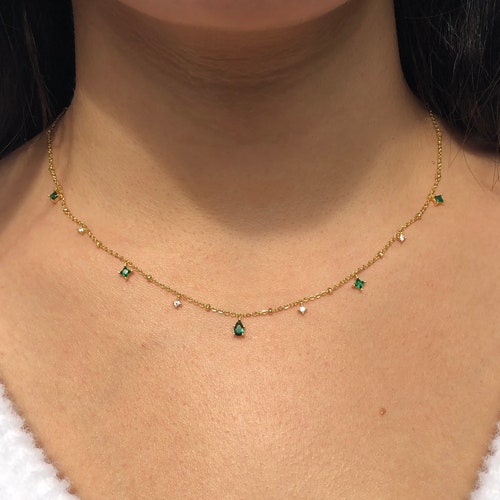 Dainty Chain Green Stone Emerald Necklace Minimalist Gold - Etsy