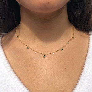 Dainty Chain, Green Stone Emerald Necklace, Minimalist Gold Plated Necklace, Simple Green Stone Pendant, May Birthstone, Tear Drop Emerald