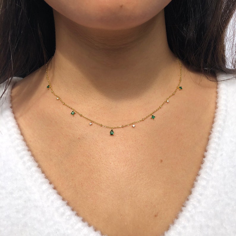 Dainty Chain, Green Stone Emerald Necklace, Minimalist Gold Plated Necklace, Simple Green Stone Pendant, May Birthstone, Tear Drop Emerald 