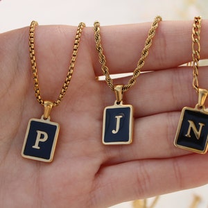 18K Gold Initial Onyx Letter Necklace Medal Gold Black Initial Letter Pendant Necklace Square Alphabet Rectangle Medallion Dainty Pendant