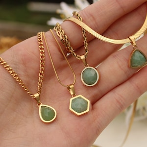 Tear Drop Green Aventurine Pendant Natural Crystal Stone Magical Stone Waterproof Gold Aventurine Natural Stone Droplet Green Gemstone Chain