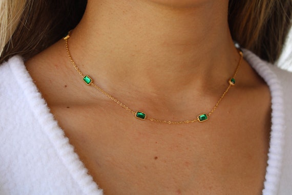 Dainty Necklace Green Stone Emerald Necklace and Bracelet Set
