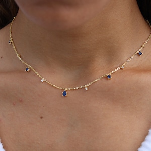 Sapphire Tear Drop Dainty Necklace Minimalist Gold Plated Blue Necklace Simple Blue Stone Necklace Birthstone Pendants Blue Tear Drop Charm