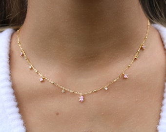Dainty Pink Tear Drop Trendy Necklace Minimalist October Birthstone Necklace Everyday Gold Layering Necklace bridesmaid Necklace Light Pink