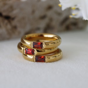 Gold Ruby Birthstone Ring Birthday Jewelry Gift Birth Month Stone Garnet Ring Bridesmaid Custom Gift Stacking Gemstone Garnet Red Baguette