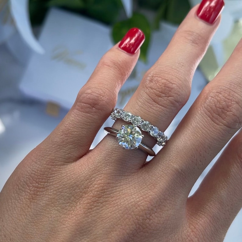 Real Moissanite Engagement Rings Set, Round Cut Solitaire Moissanite Silver Ring, Promise Ring, Eternity Wedding Band, Engagement Ring