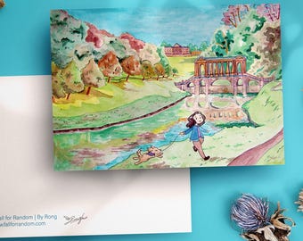 A6 Verenigd Koninkrijk - Bath Prior Park landschapstuin print | Kleurrijke kunst | Landschapsillustratie Verenigd Koninkrijk | Ansichtkaart Engeland