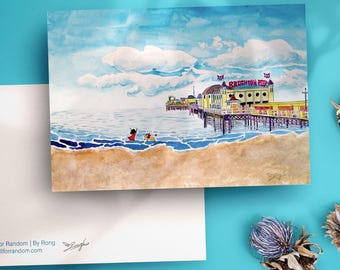 A6 Brighton-aquarelafdruk | Kleurrijke kunst | Landschapsillustratie Verenigd Koninkrijk | Ansichtkaart Engeland