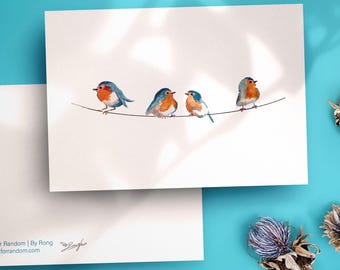 A6 roodborstje vogels aquarelprint | Kleurrijke kunst | Landschapsillustratie Verenigd Koninkrijk | Ansichtkaart Engeland