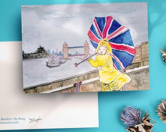 A6 London Rainy Day aquarelafdruk | Kleurrijke kunst | Landschapsillustratie Verenigd Koninkrijk | Ansichtkaart Engeland