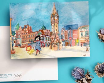 A6 Leicester-aquarelprint | Kleurrijke kunst | Landschapsillustratie Verenigd Koninkrijk | Ansichtkaart Engeland