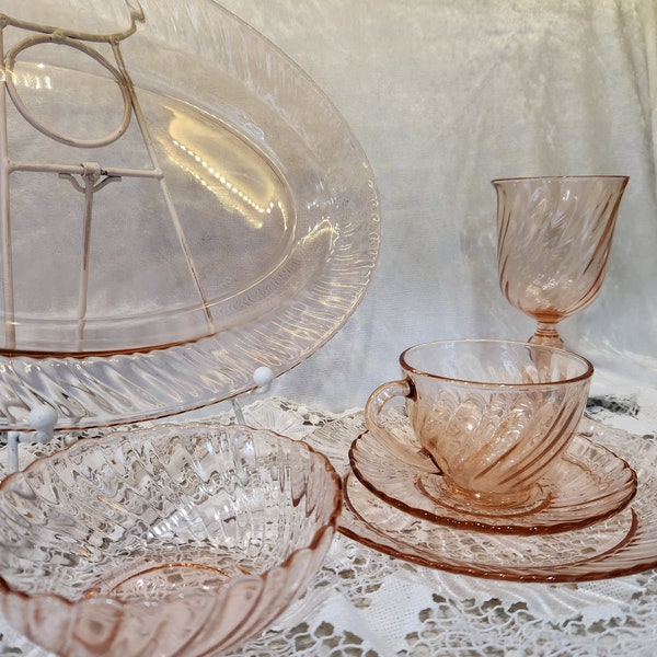 Open Stock, Arcoroc made in France, Glass, Pink Rosaline Swirl, Vintage, French