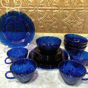 Duralex, Vereco,  Blue Rivage, cups, saucers, fruit bowls, salad plates France, open stock, cobalt
