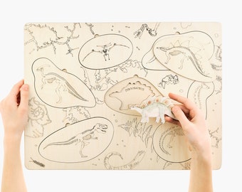 Wooden dinosaurs puzzle. Dino favors educational toys. Dino baby shower. Montessori materials